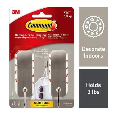 Command 17034BN-2ES Medium Adhesive Hook, 3 lb, 2-Hook, Metal, Brushed Nickel