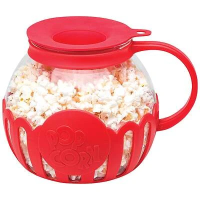 Micro-pop 3 Quart Glass Popcorn Popper With Protective Holder And Dual Function Silicone Lid - Red