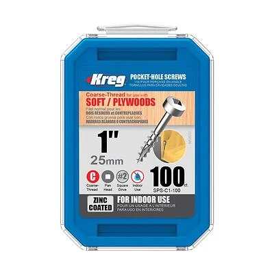 Kreg SPS-C1 - 100 Pocket-Hole Screw, #7 Thread, 1 in L, Coarse Thread, Pan Head, Square Drive, Steel, Zinc, 100 PK
