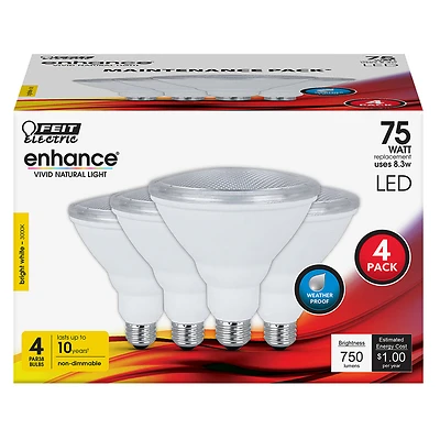 Feit Electric PAR38930CA4PK LED Bulb, 75W Equivalent, 750 Lumens, Bright White, 4-Pack