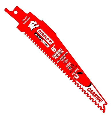 Diablo DS0609CGP3 Reciprocating Saw Blade, 1 in W, 6 in L, 6/9 TPI, Carbide Cutting Edge