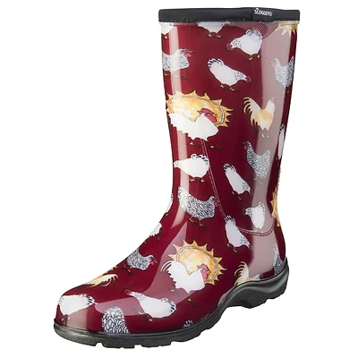 Women's Waterproof Garden/rain Boots Size 6 Barn Red Chicken Print