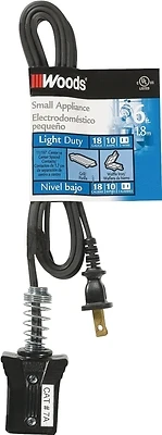 Woods 0291 Appliance Cord, 18/2, 6 Ft, Black, 10A/125V