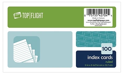 Top Flight 4630712 Ruled Index Cards, White, 3 x 5 In., 100-Pack