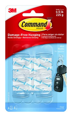 Command 17006CLR Adhesive Hook, 0.5 lb, 6 -Hook, Plastic, Transparent