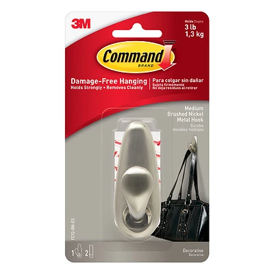 Command Forever Classic Series FC12-BN Decorative Hook, 3 lb, 1 -Hook, Metal, Brushed Nickel