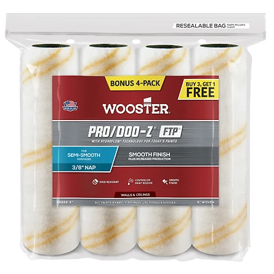 Wooster RR868-9 Pro/Doo-Z Paint Roller Cover, 9 x 3/8 In., 4-Pack