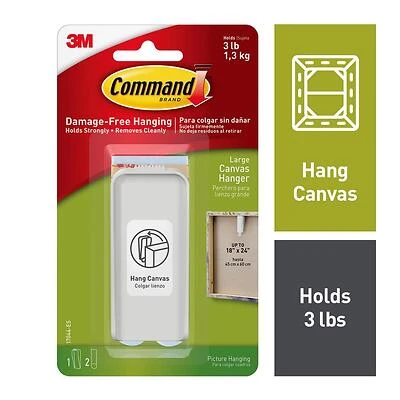Command 17044-ES Large Canvas Picture Hanger, 3 lb, Plastic, White, Wall Mounting