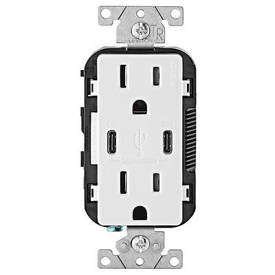 Leviton 3006768 15 amps 125V 5-15 R Duplex & Type C White Outlet & USB Charger, White