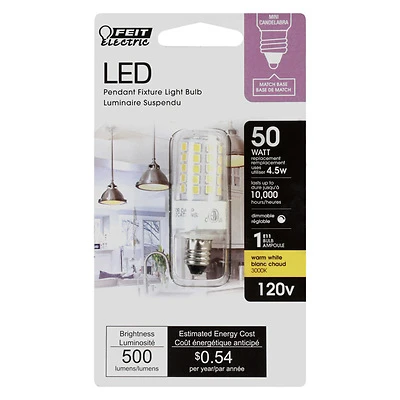 Feit Electric BP50MC/830/LED Mini Candelabra LED Bulb, Warm White, 50W Equivalent