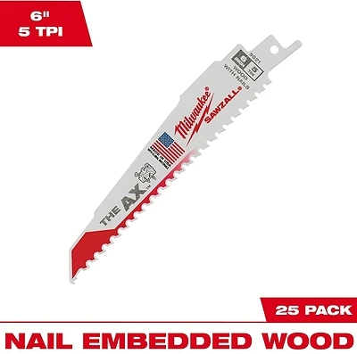 48-00-8021 6 In. 5 Tpi Ax Nail Embedded Wood Cutting Sawzall Blades (25 Pk)