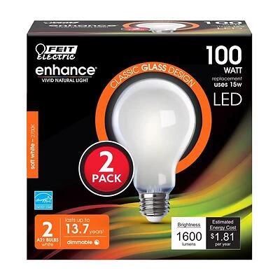 Enhance A21 E26 Filament Led Bulb Soft White 100w Equivalence 2 Pk 1600 Lumens