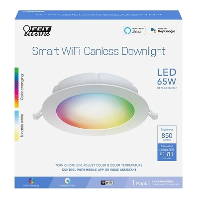 Feit Electric LEDR6XT/RGBW/CA/AG Smart LED Canless Recessed Downlight, 6 In., 15W