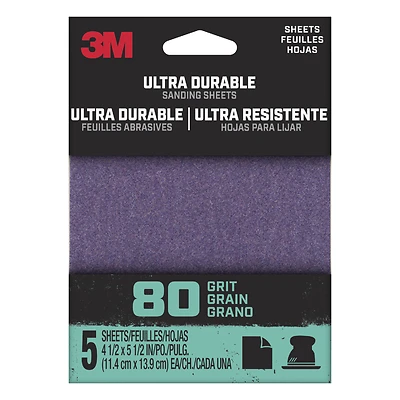 Ultra Durable Sanding Sheet, 80 Grit, 1/4-Sheet, 4.5 x 5.5 In., 5-Pk.