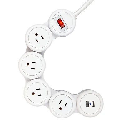 Flexible Power Strip, 2 USB Ports, 6-Ft. Cord, White