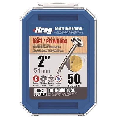 Kreg SML-C2 - 50 Pocket-Hole Screw, #8 Thread, 2 in L, Coarse Thread, Square Drive, Carbon Steel, Zinc, 50/PK