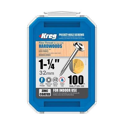 Kreg SML-F125 - 100 Pocket-Hole Screw, #7 Thread, 1-1/4 in L, Fine Thread, Maxi-Loc Head, Square Drive, Carbon Steel