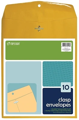 Top Flight 74413 Kraft Clasp Envelopes, 9 x 12 In., Heavy 24 Lb Paper