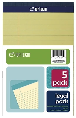 Top Flight 4513090 Legal Pad, 5 x 8 Inches, Canary Yellow, 50 Sheets, 5-Pack