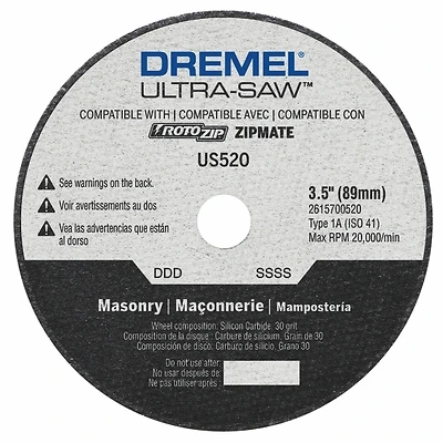 Dremel US520-01 Masonry Cutting Wheel, 3-1/2 in Dia, 0.094 in Thick, 7/16 in Arbor, 30 Grit, Silicone Carbide Abrasive
