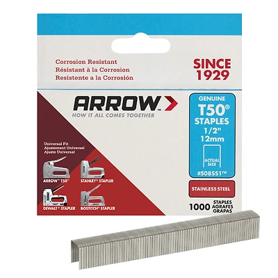 Arrow 508SS1 T50 1/2 in. Stainless-Steel Staples, 1,000-Pack