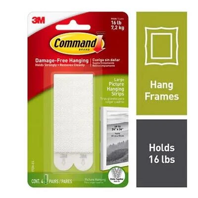 Command 17206-12ES Large Picture Hanging Strip, 3/4 in W, 3-5/8 in L, Foam Backing, White, 4 lb