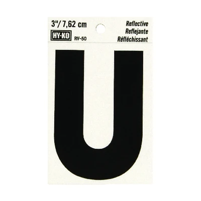 Hy-Ko RV-50/U Reflective Address Letter U, Black/Silver Vinyl, 3-In.