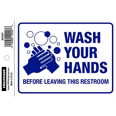 Hillman Wash Hands Sign, Blue on White, 4 x 6-In.