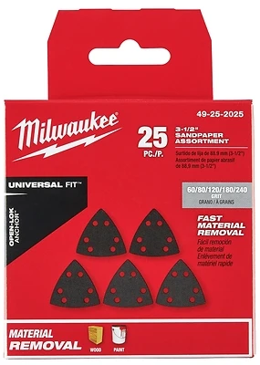 Milwaukee 49-25-2025 Triangle Sandpaper Variety Pack, 60, 80, 120, 180, 240 Grit, Silicone Carbide Abrasive, 3.56 in L