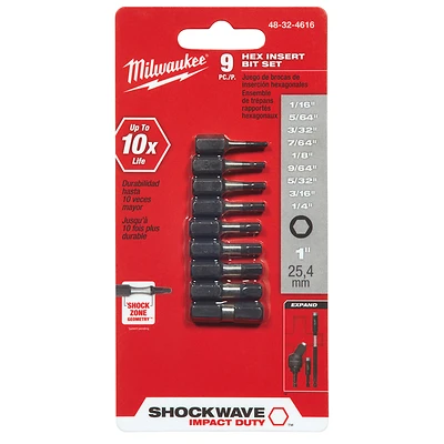 Milwaukee 48-32-4616 Shockwave Insert Bit Set, Hex Impact, Steel, 9-Piece