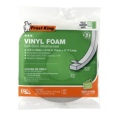 Frost King V443H Vinyl Foam Weatherseal Tape, 3/8 In. x 17 Ft., Gray