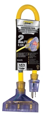 PowerZone ORADL611802 Contractor Cord, 12 AWG, 2 Ft., Triple Tap, Yellow