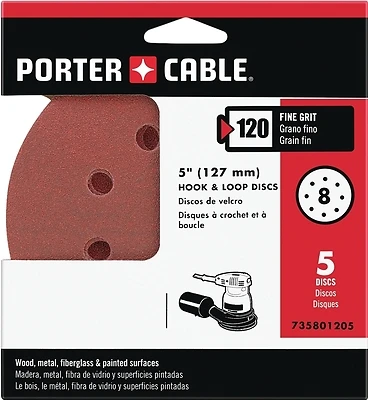 Porter-cable 735801205 5-inch 120 Grit Hook & Loop Sanding Discs (5-pack, 8 Holes)
