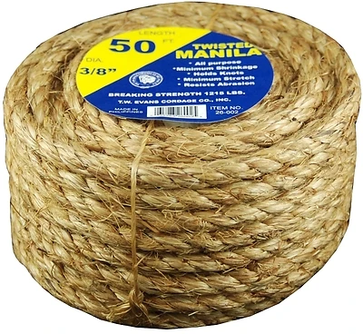 T.W. Evans Cordage 26002 Manila Rope, 3/8 In X 50 Ft, 122 Lb Working Load