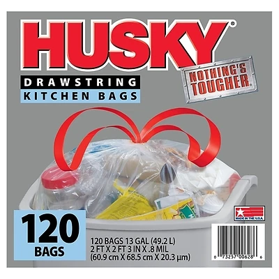 Husky HK13DS120C-P Kitchen Trash Bags, 13 Gal, Clear, 120-Ct