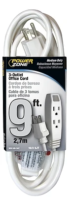 PowerZone OR890609 Extension Cord, 3 Outlet, 16/3 AWG, White, 9 Ft