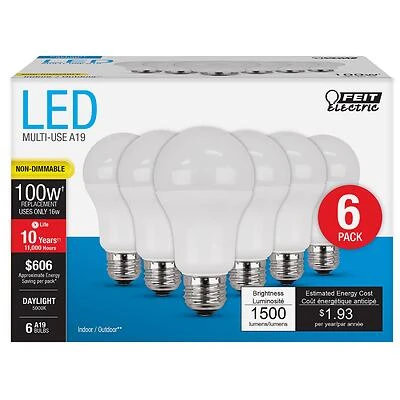 Feit Electric A1600/850/10KLED/6 LED A19 Bulb, 100W Equiv, Daylight, 6-Pk