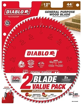 Diablo D124444VP Saw Blade, 12 in Dia, 44-Teeth, Carbide Cutting Edge