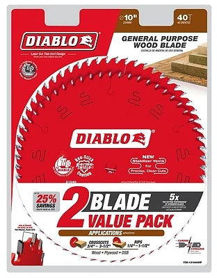 Diablo D104040VP Saw Blade, 10 in Dia, 5/8 in Arbor, 40-Teeth, Carbide Cutting Edge