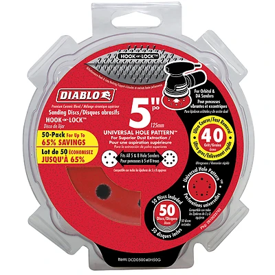 Diablo DCD050040H50G Sanding Disc, 5 in Dia, 40 Grit, Ultra Coarse, Ceramic Abrasive, 12-Hole