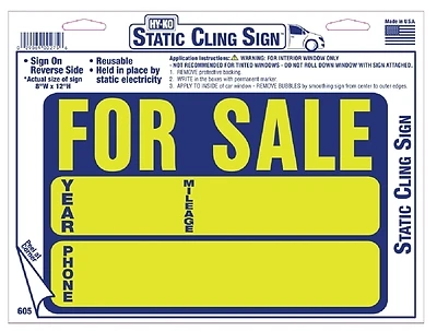 Hy-Ko 605 Auto For Sale Static Cling Sign, Yellow/Blue, 8 x 12 In