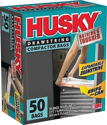 Husky HK18XDS050W Trash Compactor Bags, 18 Gallon, 2 Mil, White, 50 Ct.