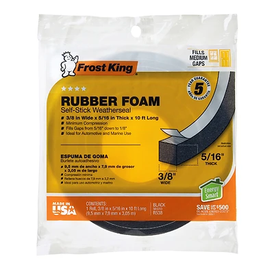 Frost King R538H Rubber Foam Weatherseal Tape, 3/8 x 5/16 In., 10 Ft.