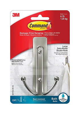 Command BATH36-SN-ES Large Double Bath Hook, 4 lb, 1-Hook, Metal/Plastic, Satin Nickel
