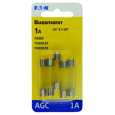 Glass Tube Fuse, Type AGC, Fast-Acting, 1-Amp, 250-Volt, 5-Pk.