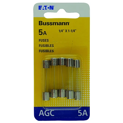 Bussmann AGC Glass Tube Fuse, Fast-Acting, 5A, 250V, 5-Pk
