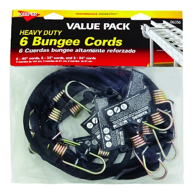 Keeper 06356 Heavy-Duty Bungee Cords, 6-Pack, 24-32-40 In.