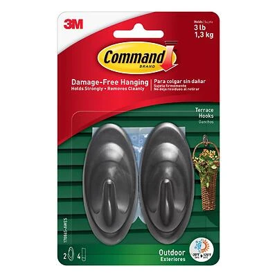 Command 17086S-AW Terrace Hook, 3-1/4 in L x 1-1/2 in W x 1-1/4 in H Dimensions, 3 lb, 2-Hook, Plastic, Slate