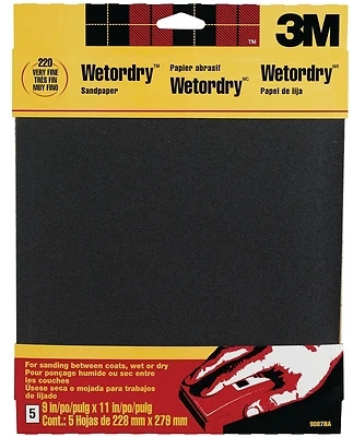 3M 9087NA Waterproof Silicone Carbide Sandpaper, 220-Grit, 9 x 11 In., 5-Pk.