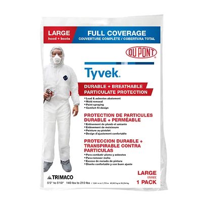 Trimaco 141222/12 Tyvek Coveralls with Hood and Boots, White, Large